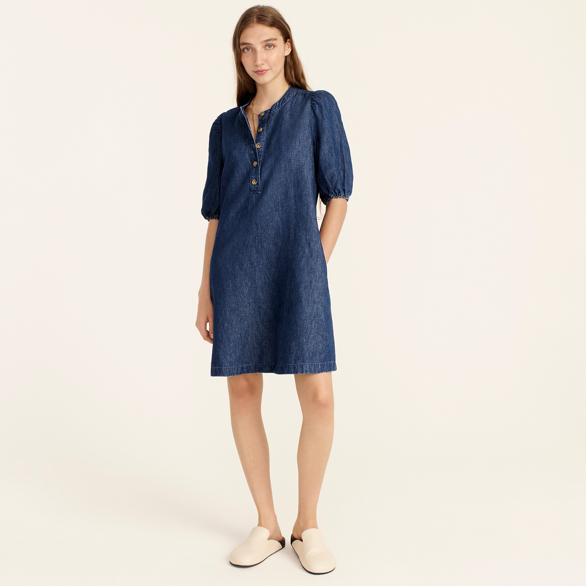 J.Crew: Puff-sleeve Denim Popover Dress For Women