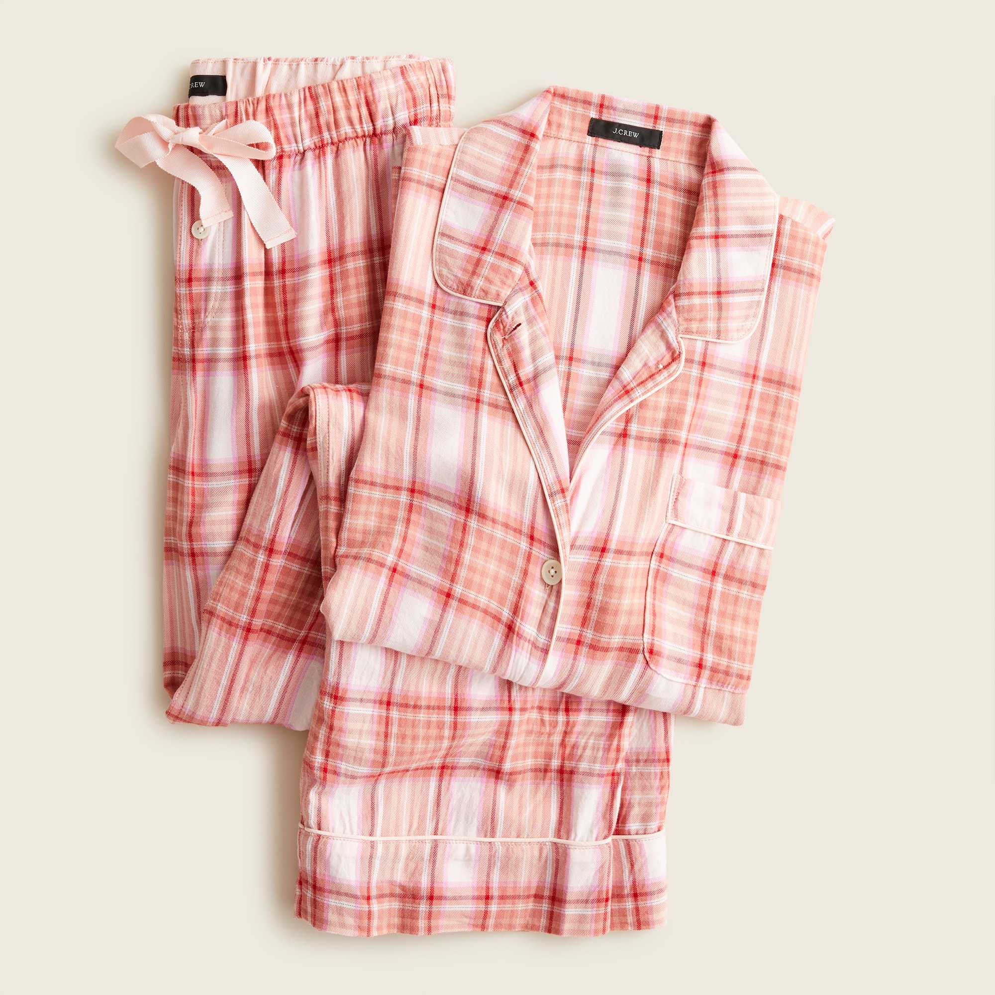 J.Crew: Flannel Long-sleeve Pajama Set In Blush Tartan For Women