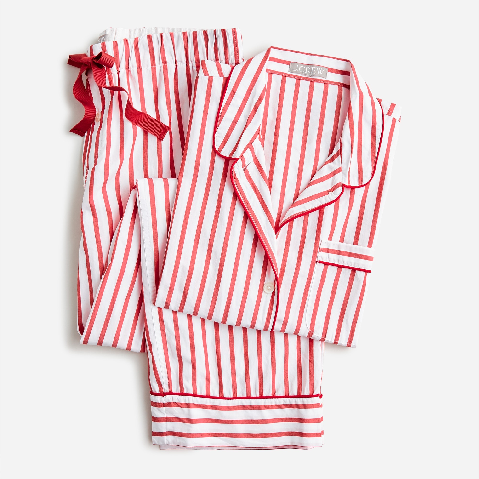 J.Crew: Long-sleeve Cotton Poplin Pajama Set In Red Stripe For Women