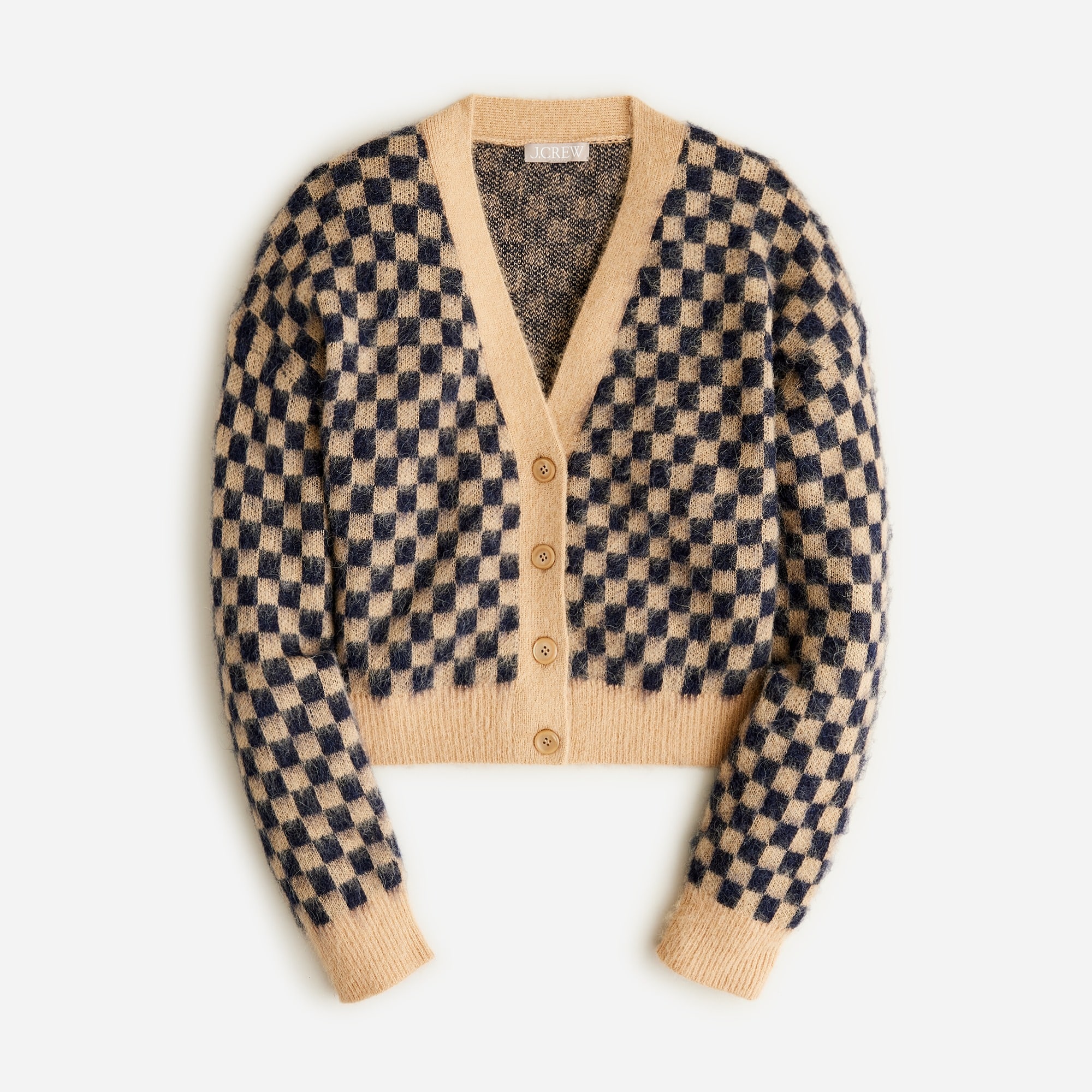  Checkered V-neck cardigan sweater in brushed yarn