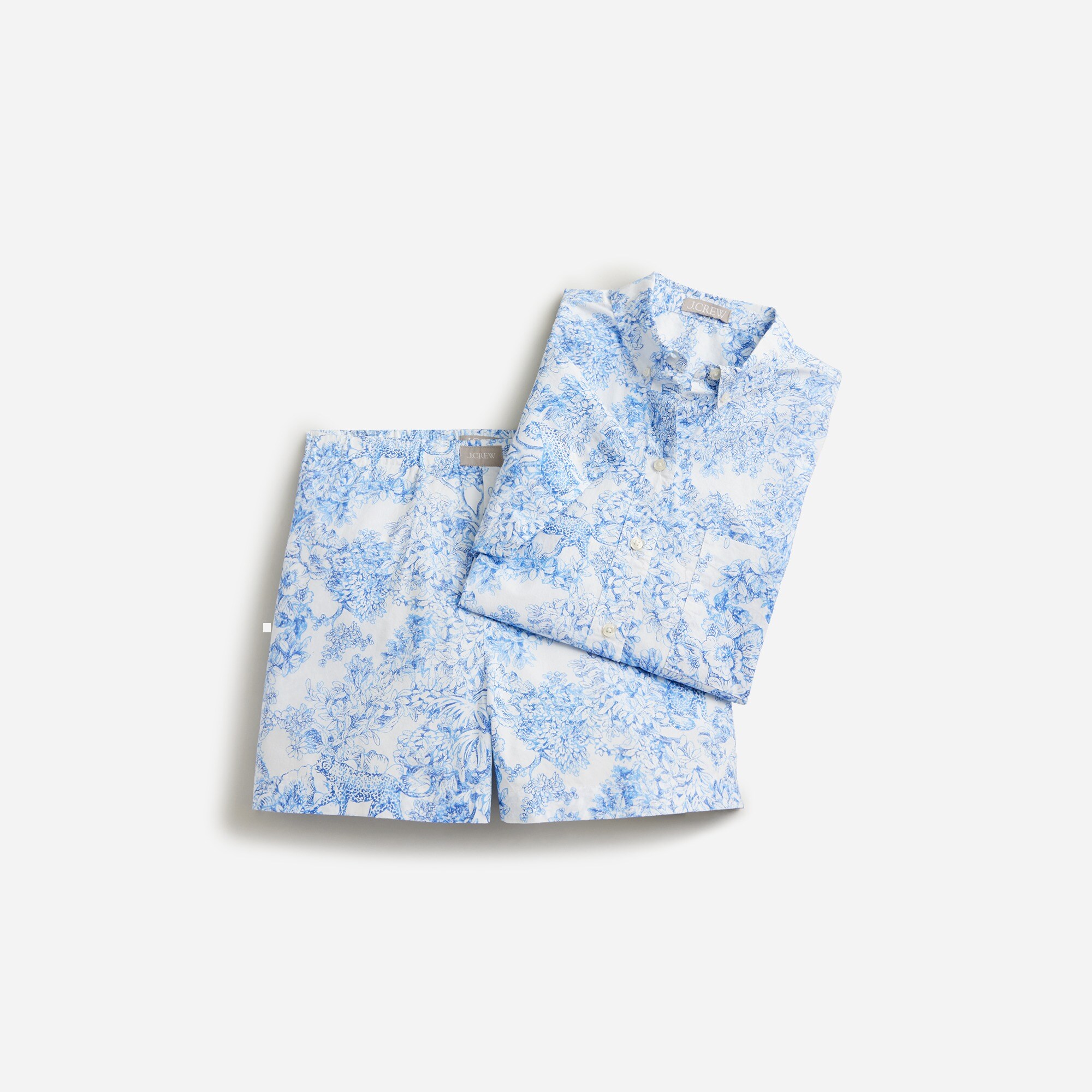  Short-sleeve pajama short set in blue toile cotton poplin