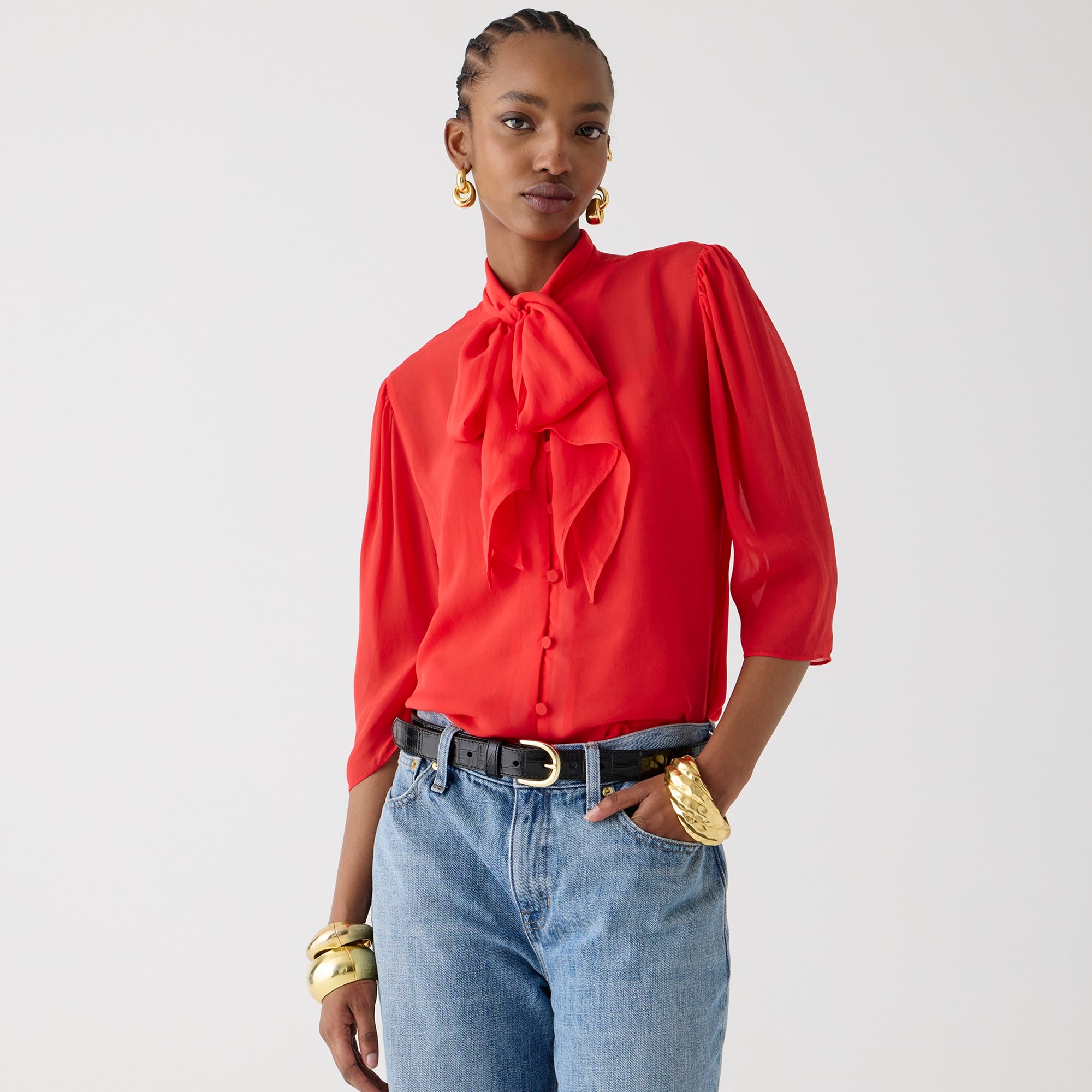 womens Tie-neck button-up top in sheer chiffon