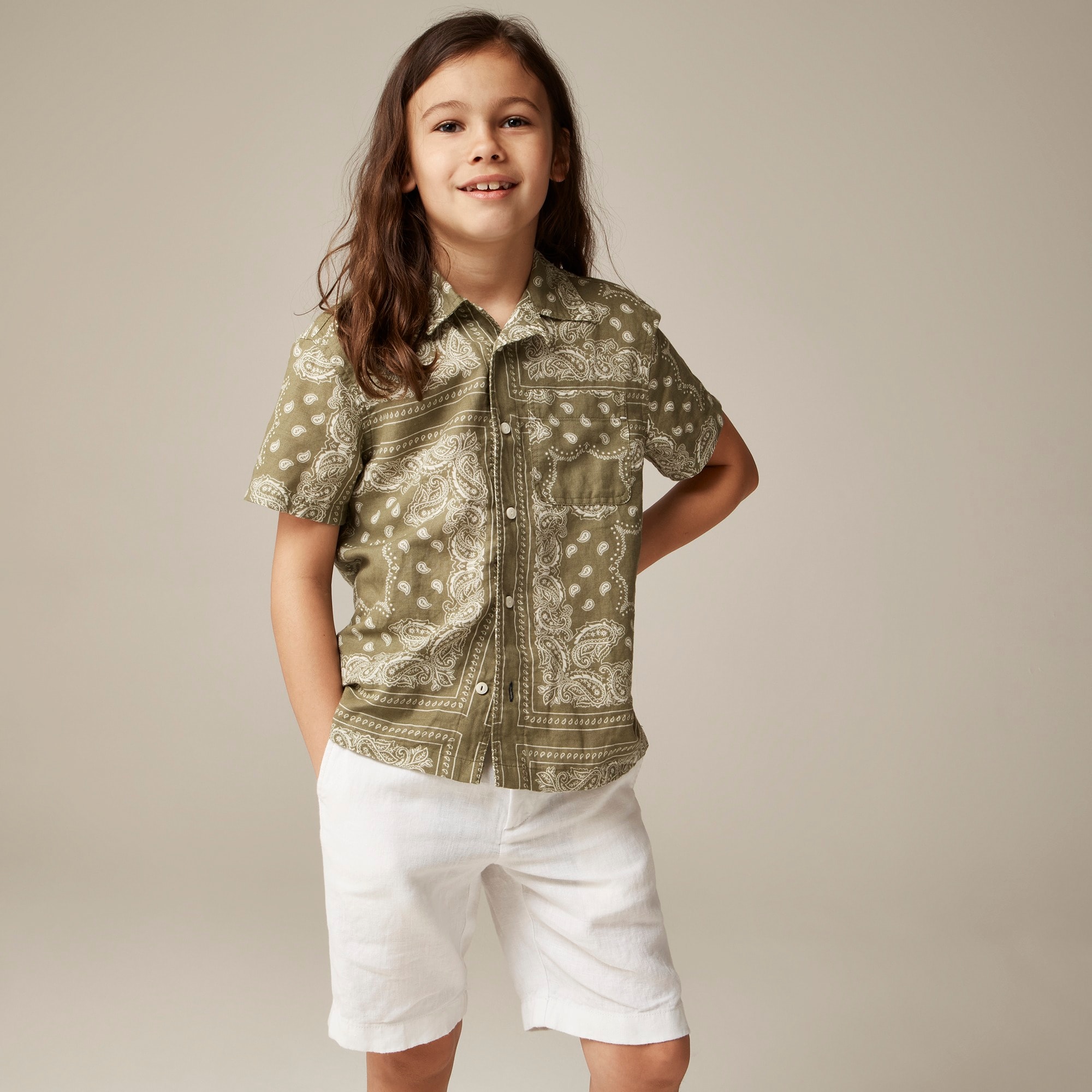  Kids' printed short-sleeve camp shirt in linen-cotton blend