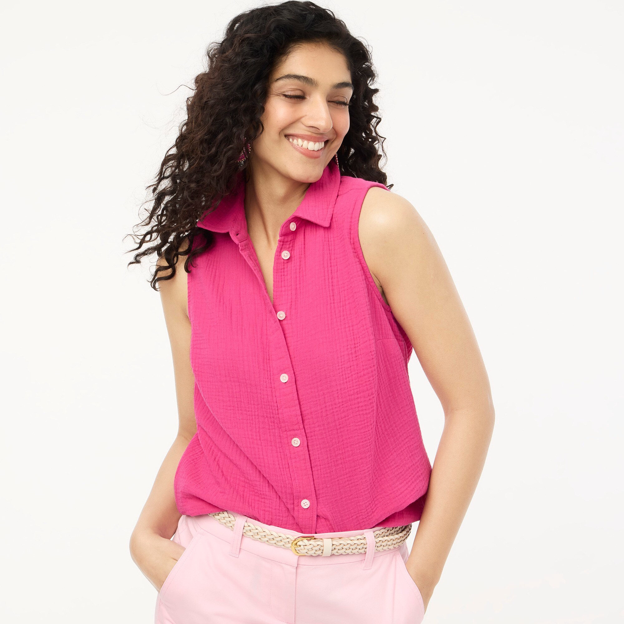 womens Sleeveless gauze button-up shirt