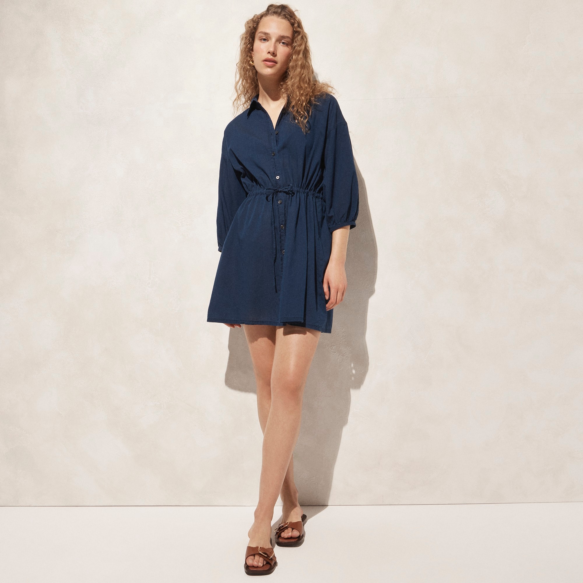 womens Cinched shirtdress in indigo cotton voile