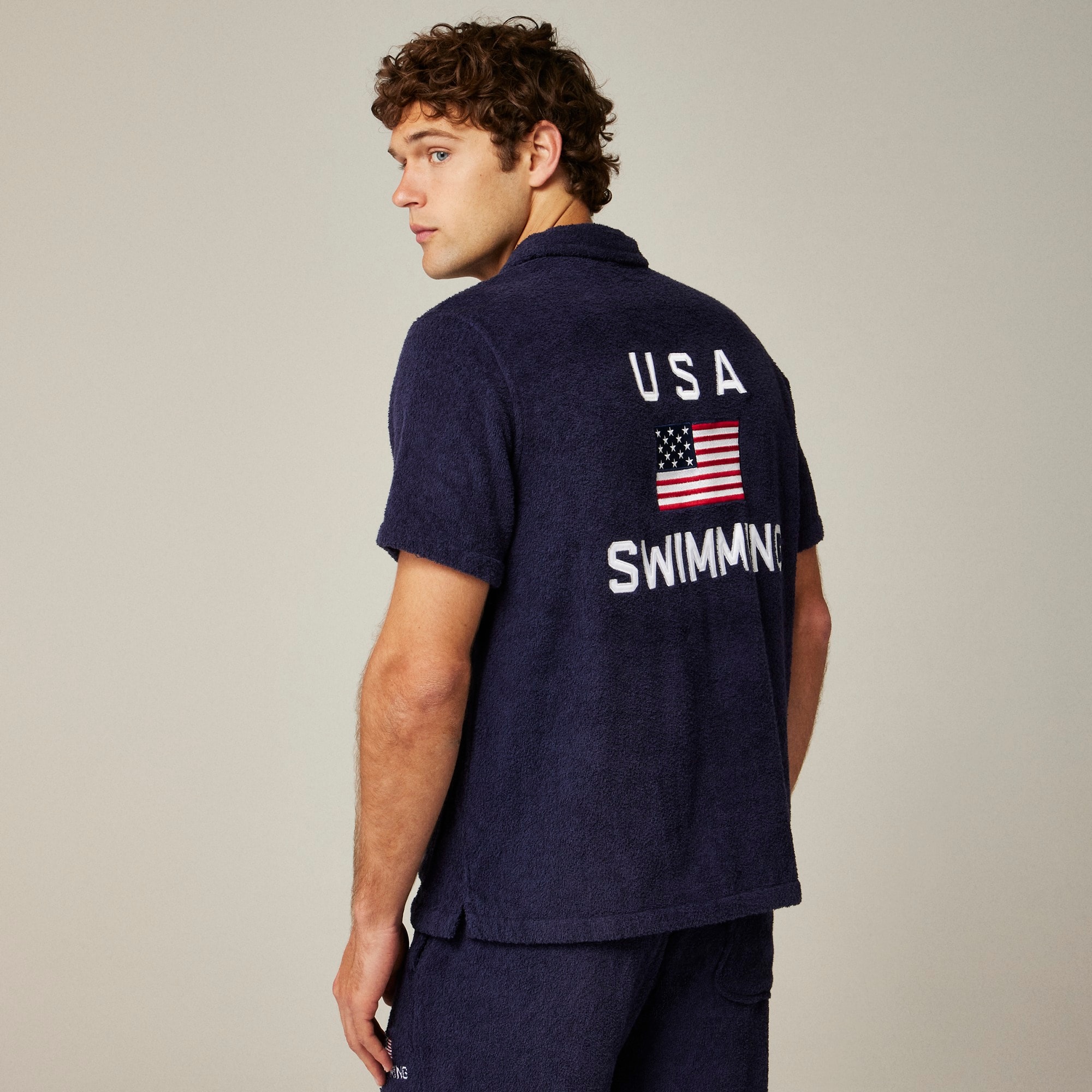 mens Pre-order Limited-edition USA Swimming&reg; X J.Crew terry cloth four-pocket graphic camp-collar shirt