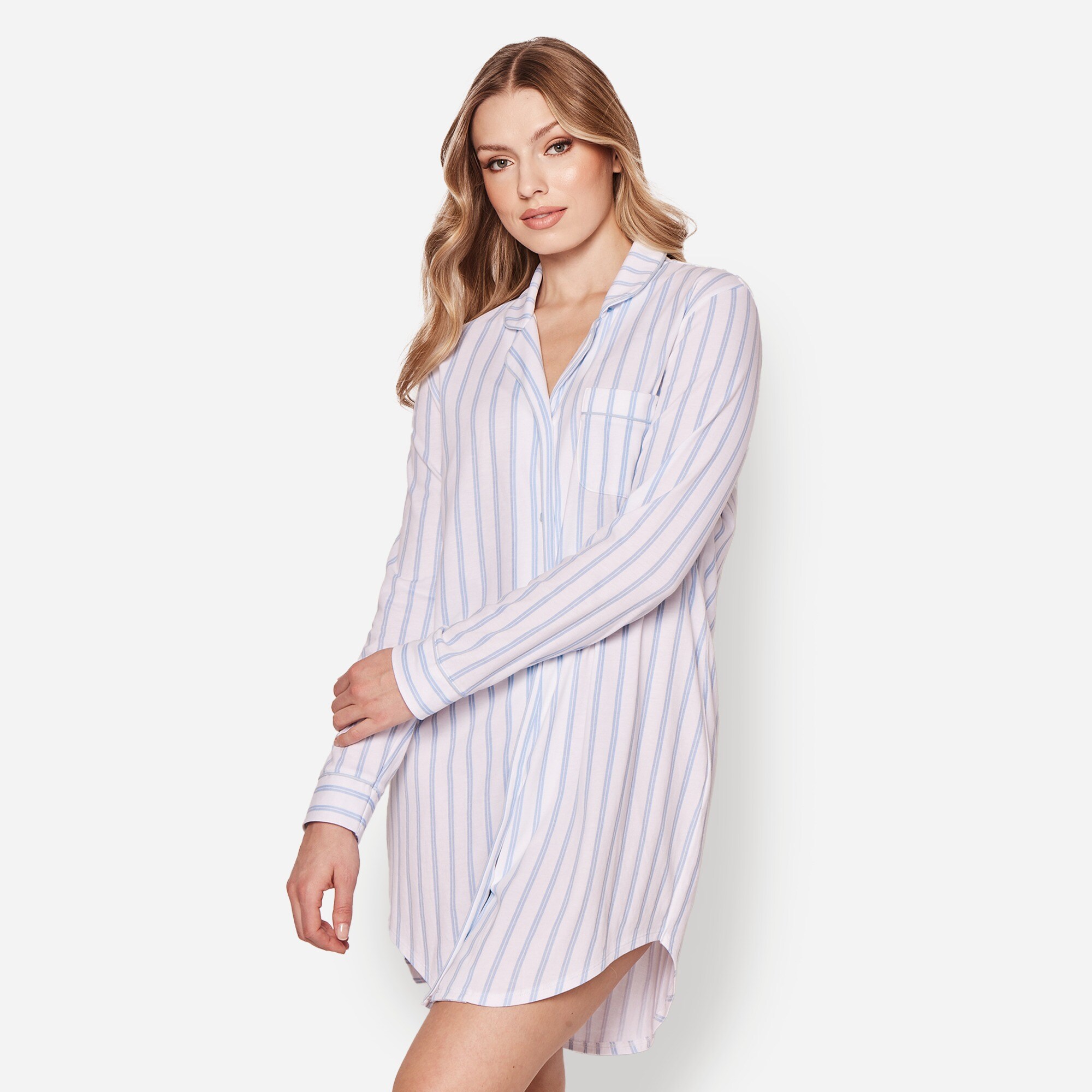 womens Petite Plume&trade; women's nightshirt in luxe Pima cotton with french ticking